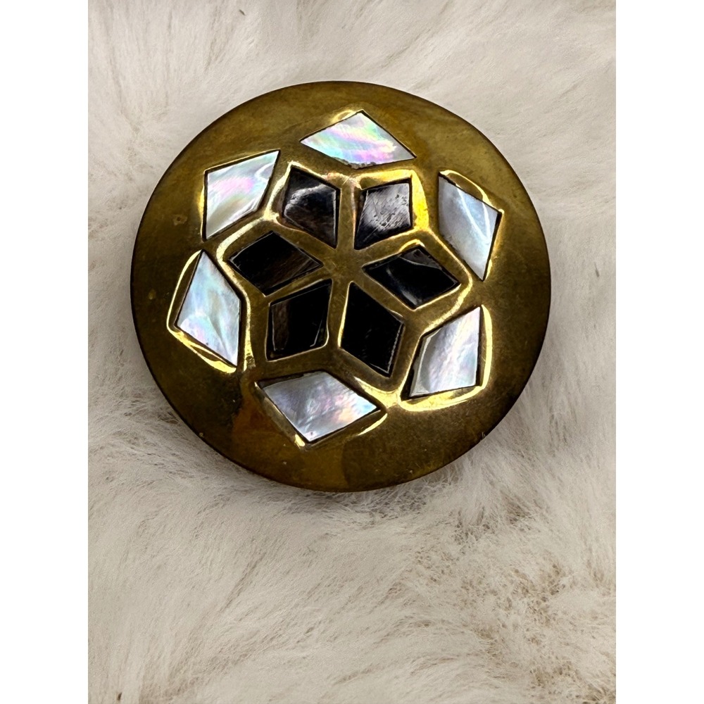 Vintage Brass Pill Box Mother of Pearl Geometric Inlay Round Trinket Case 2 Inch
